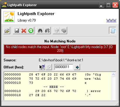 Lexplore — modeller interface with error dump screen